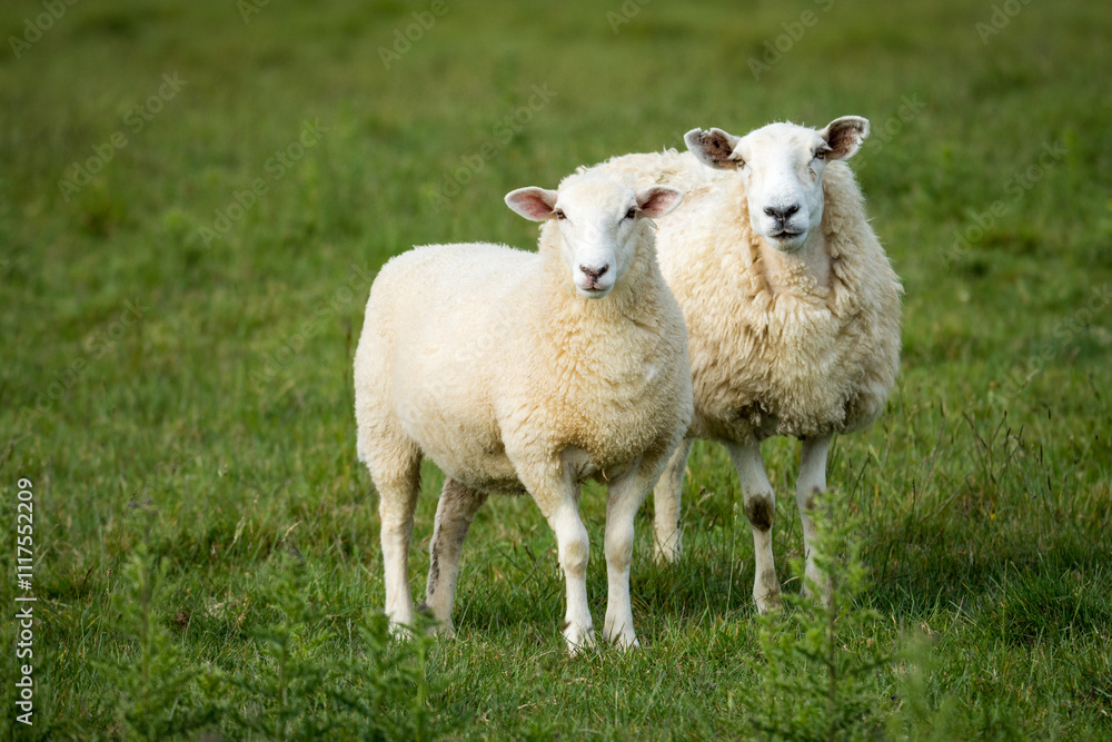 mother sheep and her lambs in lush green grassy field mother sheep and her lambs in lush green grassy field