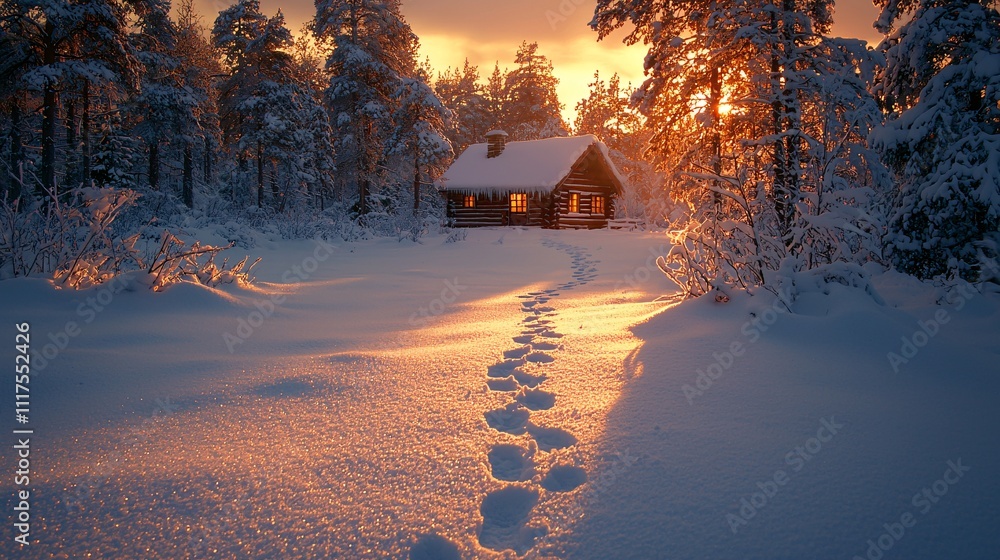 Serene Winter Morning at Log Cabin in Snowy Forest Serene Winter Morning at Log Cabin in Snowy Forest
