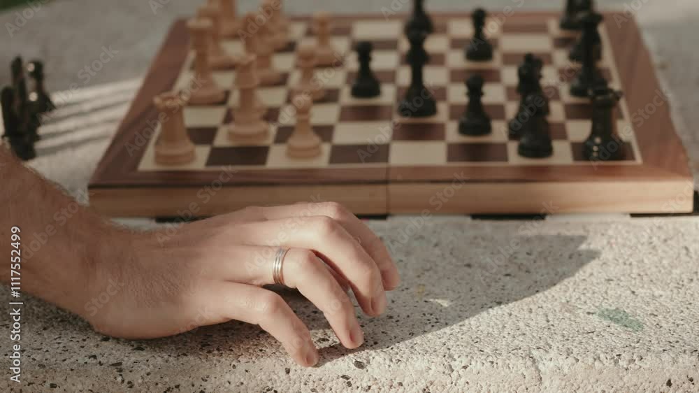 Close up of a chessboard during an intense outdoor match. Strategic gameplay on a sunny day in the park. Perfect for themes of strategy, competition, games, and leisure.