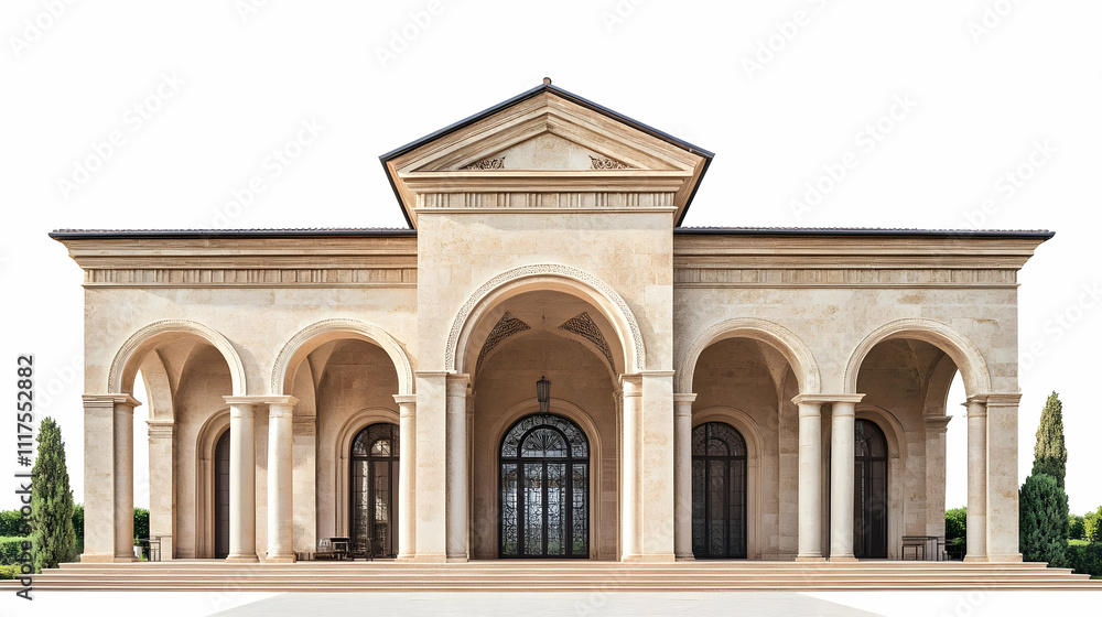 A grand, classical-style building with arches and columns, designed for elegance and function. A grand, classical-style building with arches and columns, designed for elegance and function.