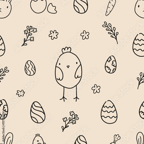 Easter Pattern with Bunnies, Eggs, and Chicks on Yellow Background. Hand Drawn Easter Ornament.