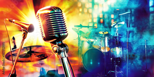 Vintage microphone with vivid background of for stand-up comedy show, karaoke, singing contest and other events.