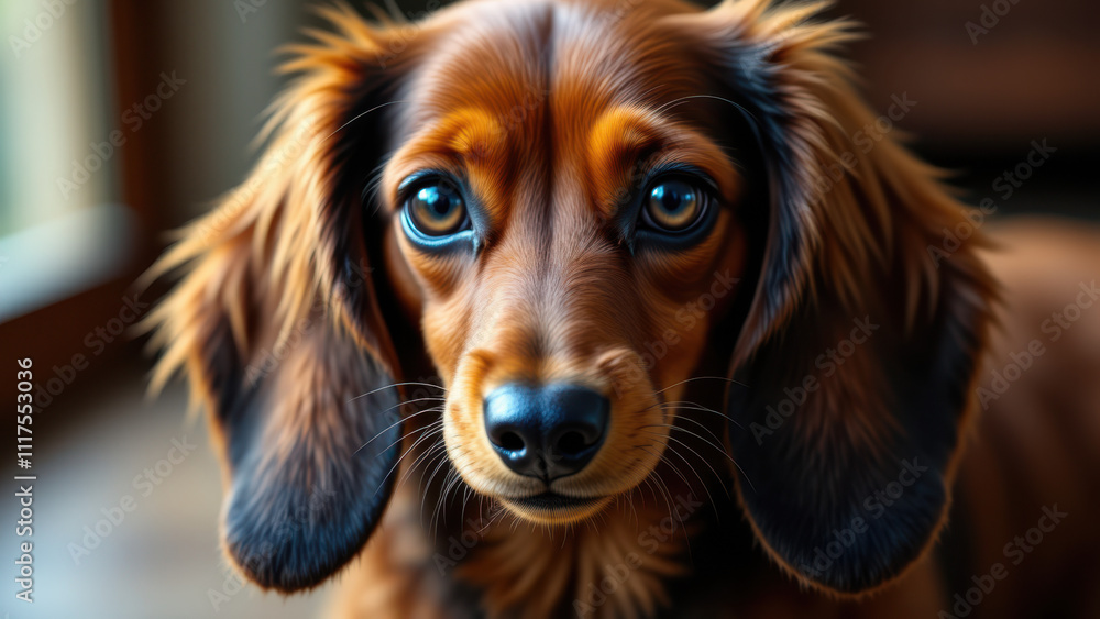 A long-haired dachshund with expressive eyes looking directly into the camera. A long-haired dachshund with expressive eyes looking directly into the camera.