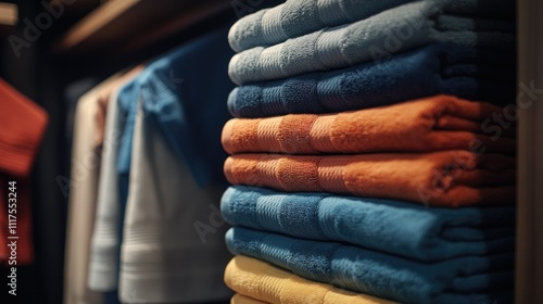 Color-coordinated towels folded into rectangles, stacked in a modern linen closet. photo