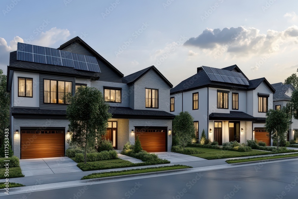 Modern houses with solar panels in a suburban setting during twilight. Modern houses with solar panels in a suburban setting during twilight.