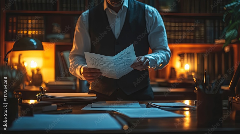Man Reviews Important Documents In His Study Man Reviews Important Documents In His Study