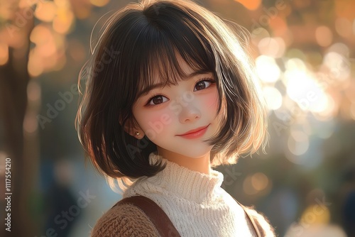 A cute Japanese girl, wearing a white top and brown sweater with a shoulder bag, short hairstyle, smiling 