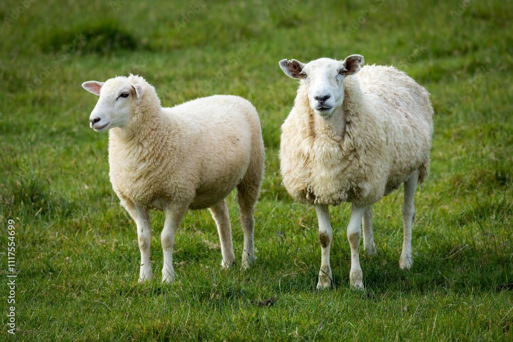 Obraz premium mother sheep and her lambs in lush green grassy field