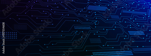 Abstract computer technology with circuit board and electronic elements background. Futuristic connecting dots lines and digital data concept backdrop