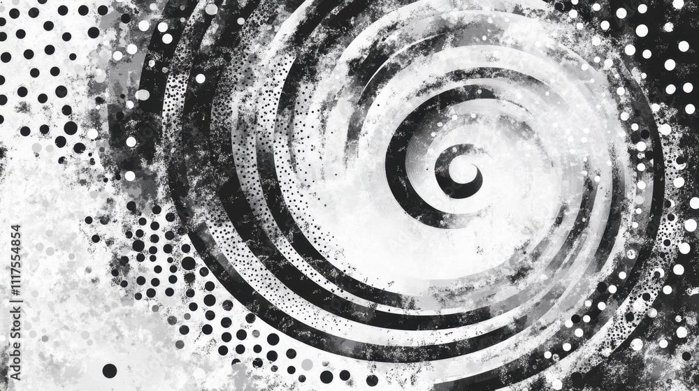 Abstract Monochrome Spiral Vortex with Grunge Texture and Dots. Abstract Monochrome Spiral Vortex with Grunge Texture and Dots.