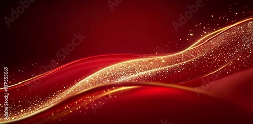 Luxurious yellow silk and ribbon adorned with golden sparkles on a rich red background, creating an opulent and elegant atmosphere with ample white space.