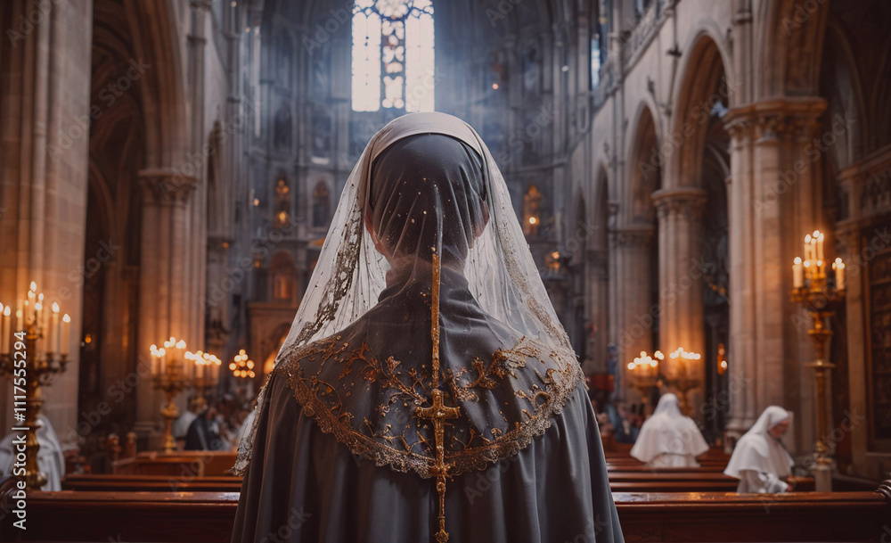Woman wearing a veil stands in a church. The church is lit by candles. There are several candles in the church, some of which are lit Woman wearing a veil stands in a church. The church is lit by candles. There are several candles in the church, some of which are lit
