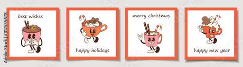 Set of Holiday cards with retro cartoon cup of hot chocolate with marshmallows and a candy cane. Greeting cards.