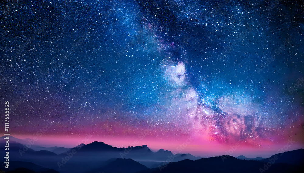 Naklejka premium Enchanted Celestial Landscape: Twilight Sky Merging Stars and Mountains