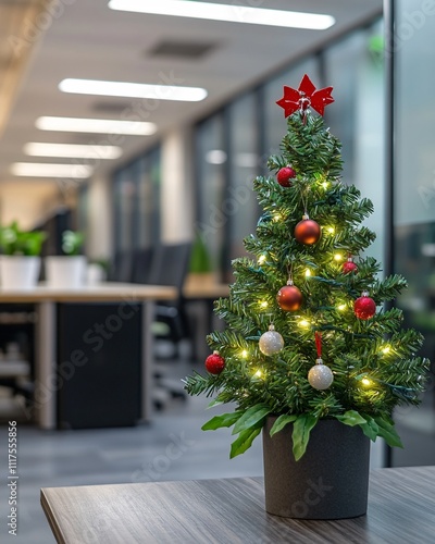 Small Christmas tree in office interior