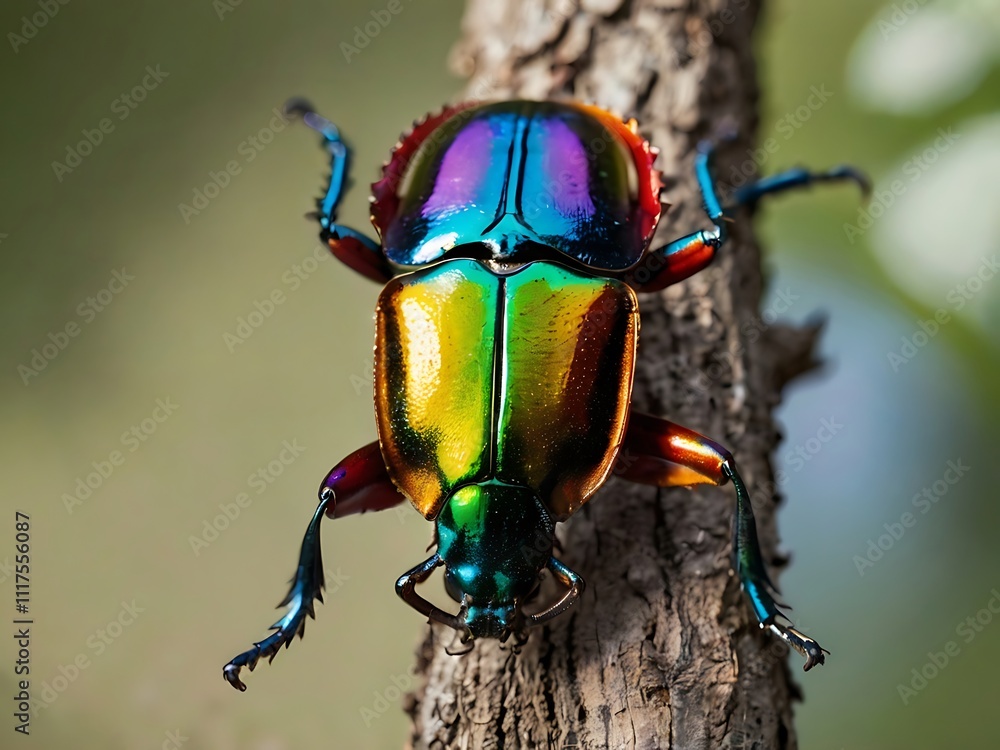 A Vibrant Iridescent Beetle Perched On Tree Bark A Vibrant Iridescent Beetle Perched On Tree Bark