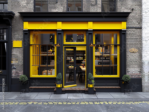 Stylish storefront featuring yellow and black highlights against an old brick facade. The vibrant, chic design creates a dynamic urban look