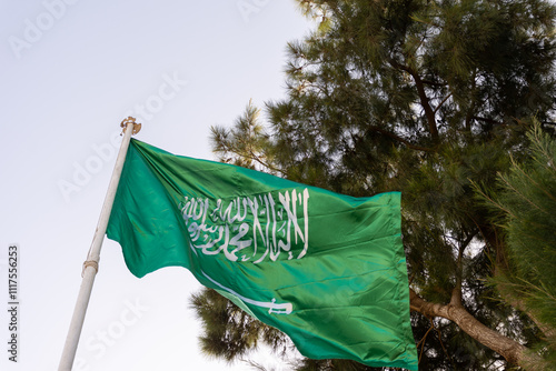 The national flag of Saudi Arabia against a clear sky.