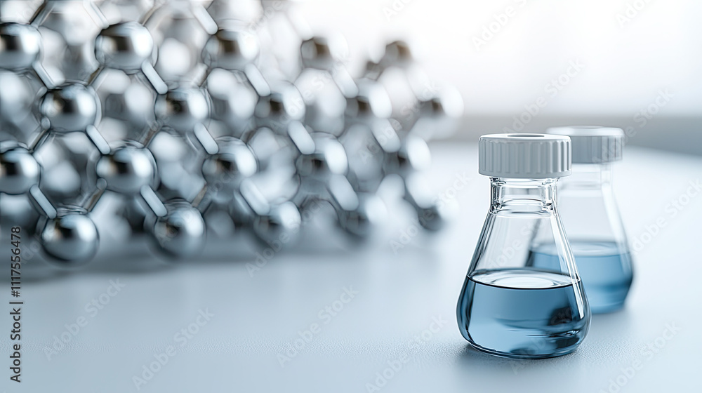 Two laboratory glass vials filled with blue liquid on a clean research workspace. Two laboratory glass vials filled with blue liquid on a clean research workspace.