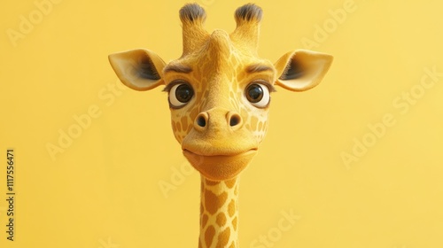 A Cute Cartoon Giraffe Portrait Against Yellow Background