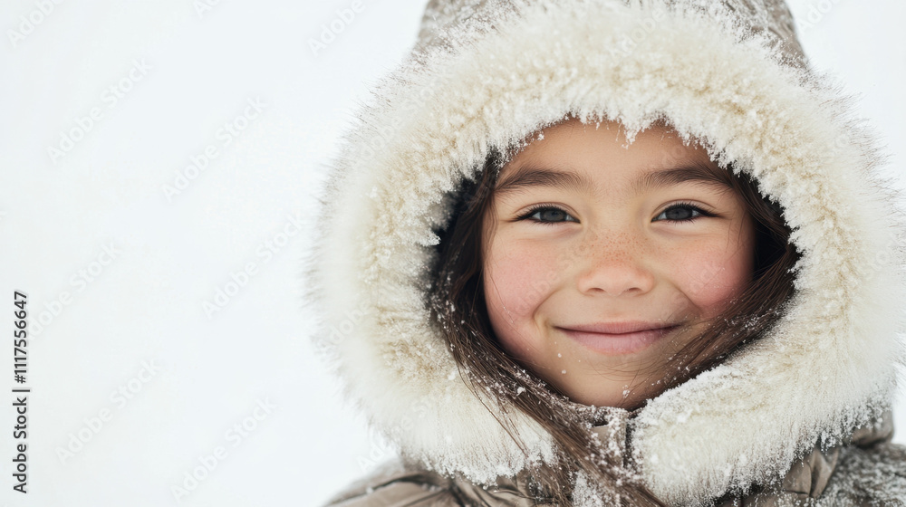 Smiling young girl in a fur-lined hood enjoying the snowy winter weather, her cheeks rosy with cold against a bright white background. Smiling young girl in a fur-lined hood enjoying the snowy winter weather, her cheeks rosy with cold against a bright white background.