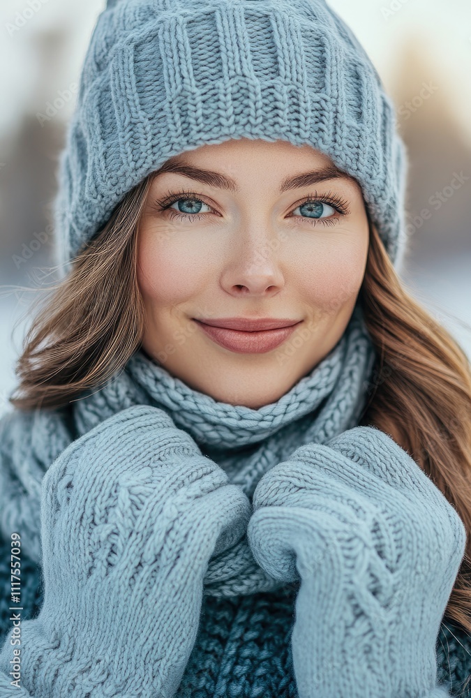A beautiful woman wearing gloves, a hat, and a scarf in a light blue color with matching winter is posing for the camera on her way to work. A beautiful woman wearing gloves, a hat, and a scarf in a light blue color with matching winter is posing for the camera on her way to work.