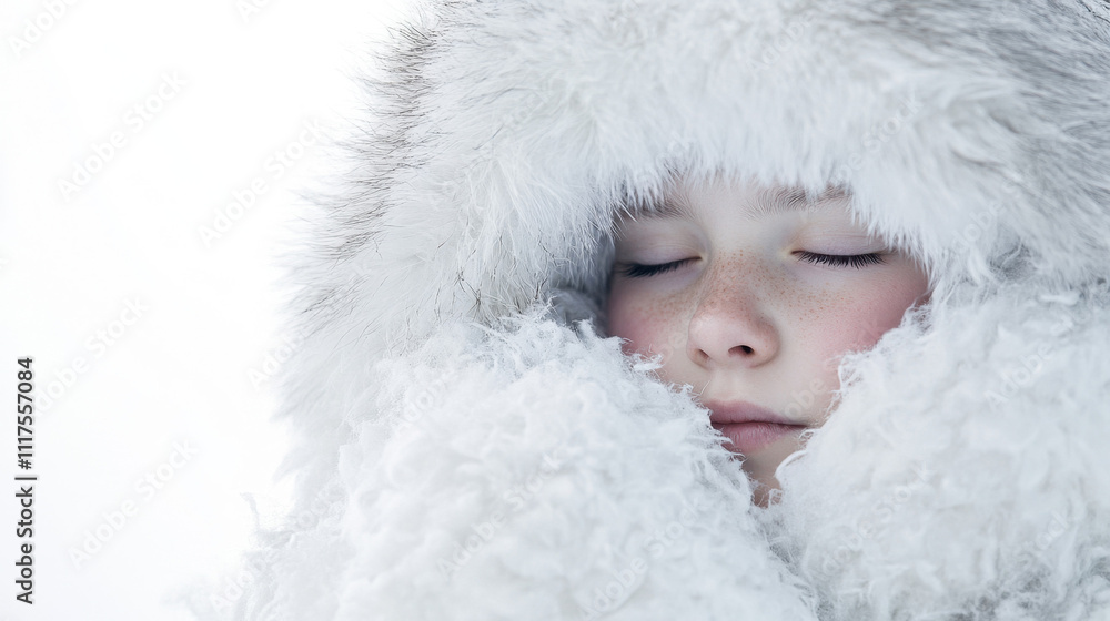 Young girl with closed eyes wrapped in white fur coat in serene winter setting, capturing a peaceful and tranquil mood against a snowy backdrop. Young girl with closed eyes wrapped in white fur coat in serene winter setting, capturing a peaceful and tranquil mood against a snowy backdrop.