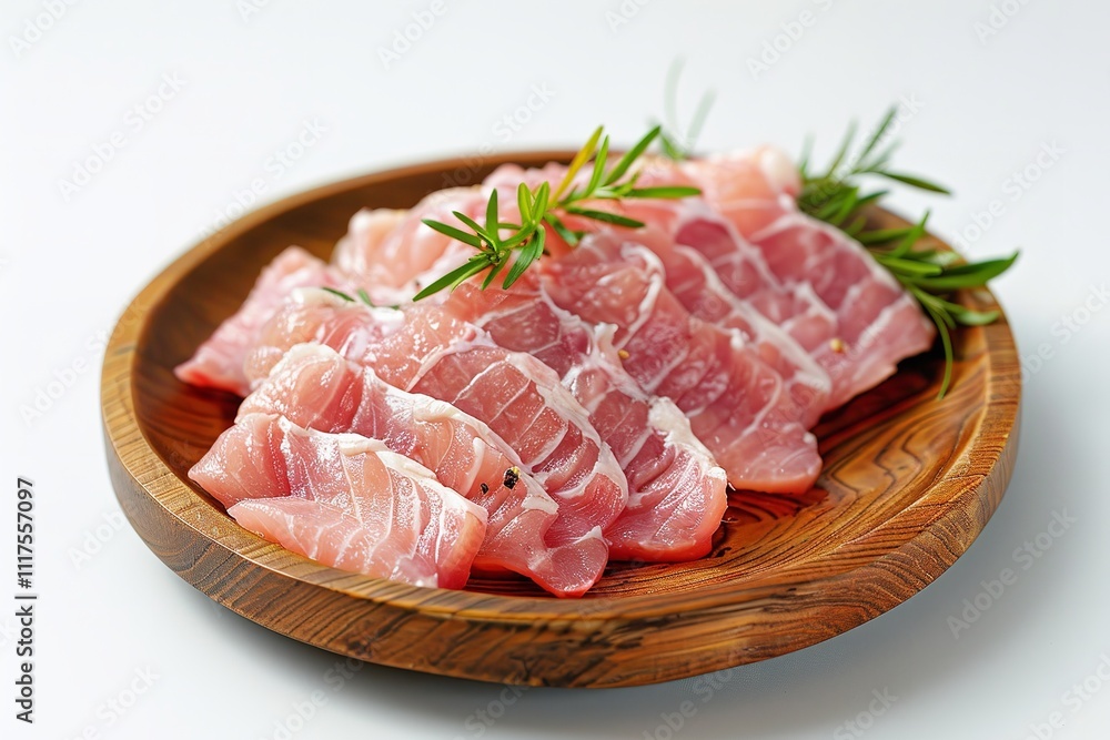 White background with raw chicken flesh on a wooden dish, Generative AI. White background with raw chicken flesh on a wooden dish, Generative AI.