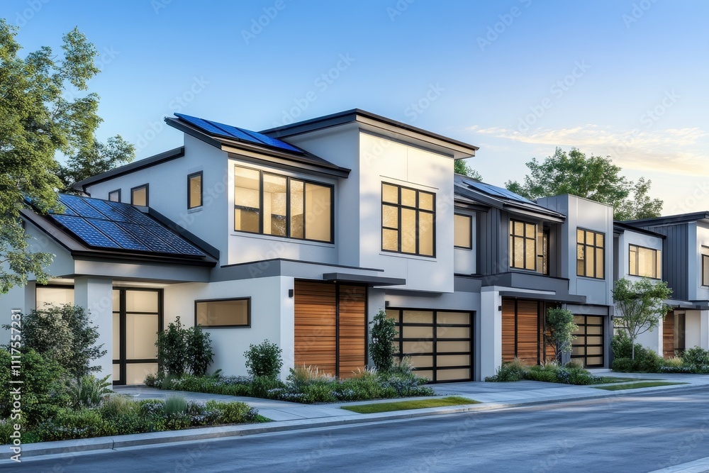 Modern homes with solar panels and landscaped yards in a suburban setting. Modern homes with solar panels and landscaped yards in a suburban setting.