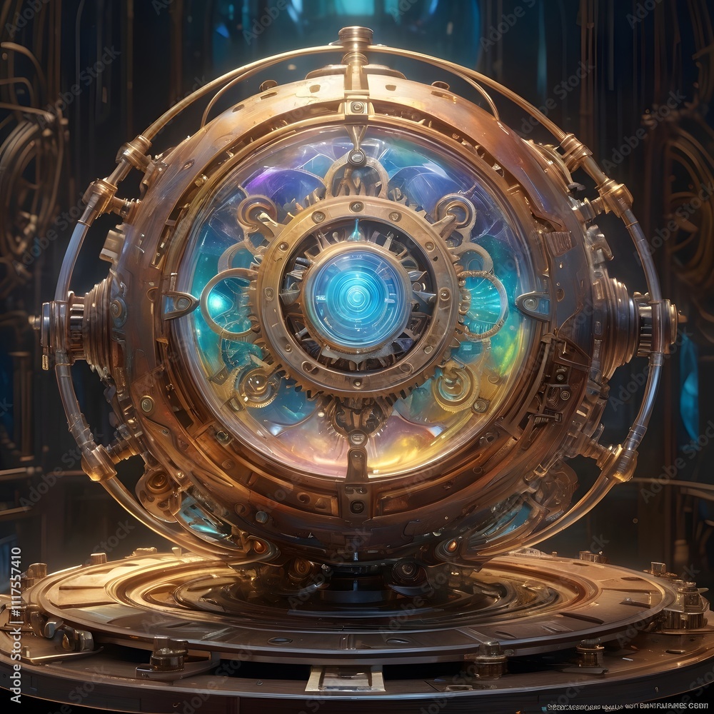 Fototapeta premium A Majestic Steampunk Orb: Intricate Clockwork Mechanism in a Mystical Setting