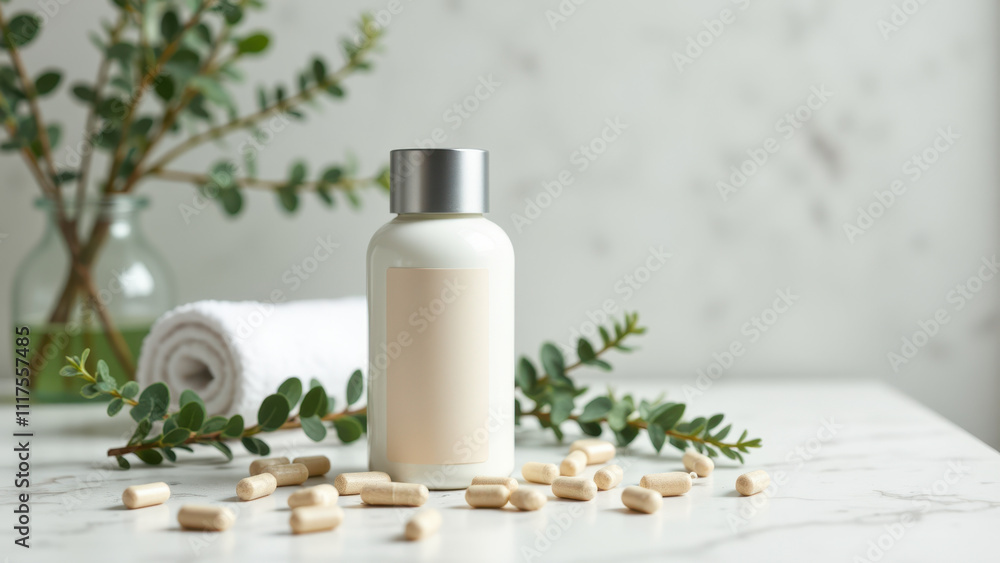 Magnesium capsules on marble countertop with plant accents. Magnesium capsules on marble countertop with plant accents.