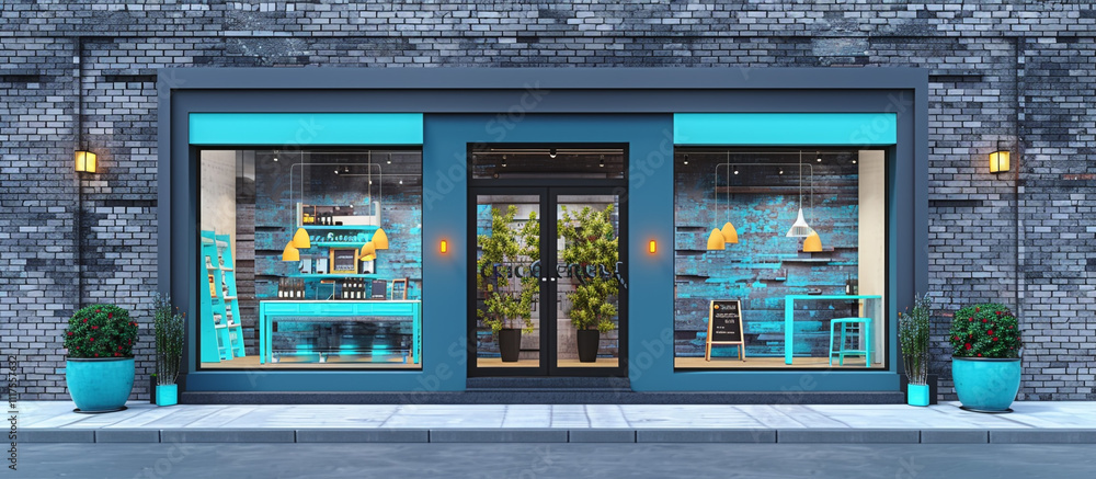 Stylish storefront in blue and grey, accented with turquoise and set against a textured brick wall. The modern design is both eye-catching and elegant Stylish storefront in blue and grey, accented with turquoise and set against a textured brick wall. The modern design is both eye-catching and elegant