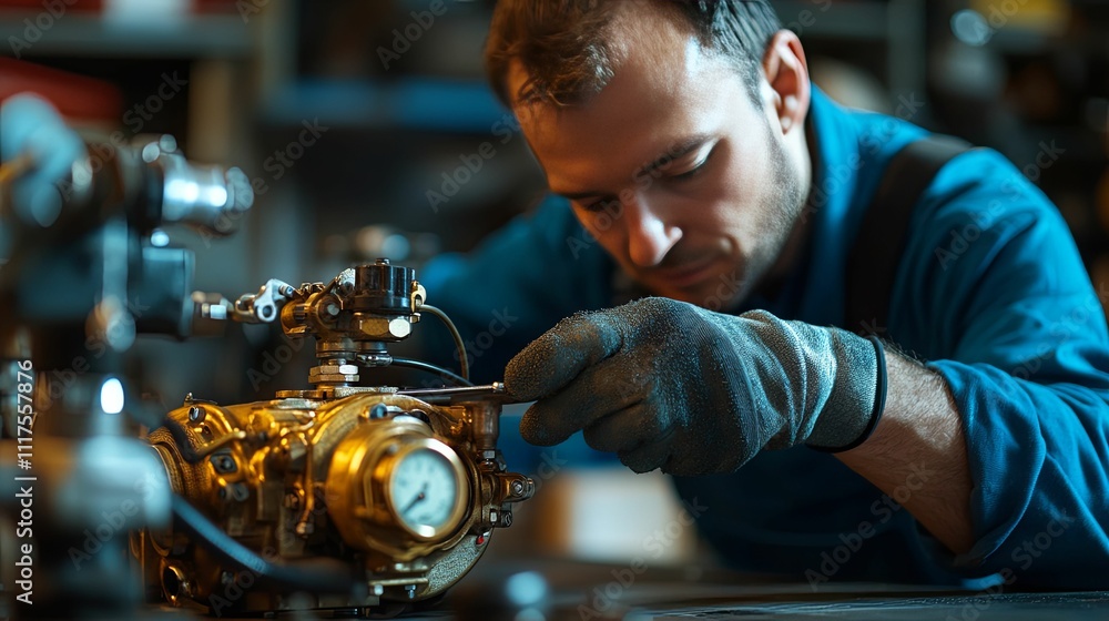 Technician Repairing Industrial Brass Valve Machinery Technician Repairing Industrial Brass Valve Machinery