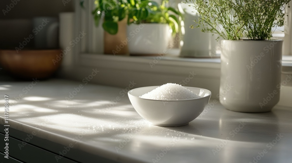 Small white bowl of salt placed in a kitchen setting with sunlight streaming through the window. Small white bowl of salt placed in a kitchen setting with sunlight streaming through the window.