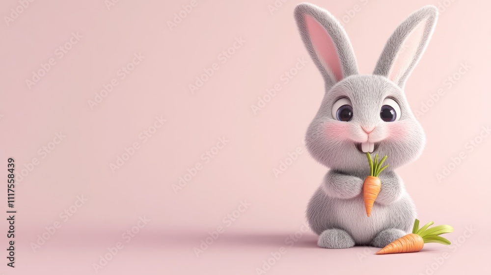 Adorable Gray Bunny Holding a Carrot Against Pink Background Adorable Gray Bunny Holding a Carrot Against Pink Background