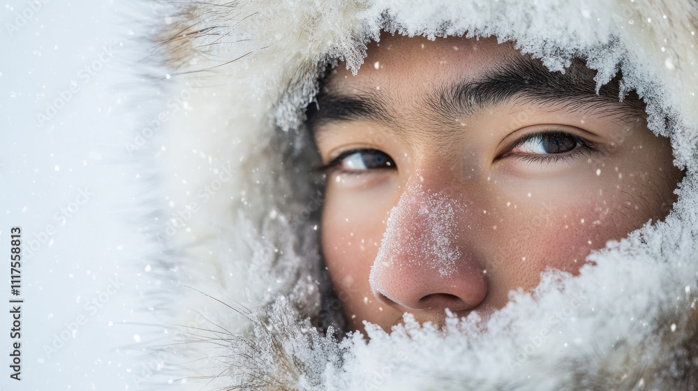 Close-up of an Asian young man in a fur-lined parka with snowflakes on his face, displaying a serene and introspective expression amidst a winter snowstorm. Close-up of an Asian young man in a fur-lined parka with snowflakes on his face, displaying a serene and introspective expression amidst a winter snowstorm.