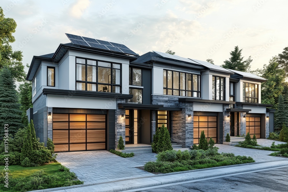 Modern duplex with solar panels and landscaped yard in a suburban setting. Modern duplex with solar panels and landscaped yard in a suburban setting.