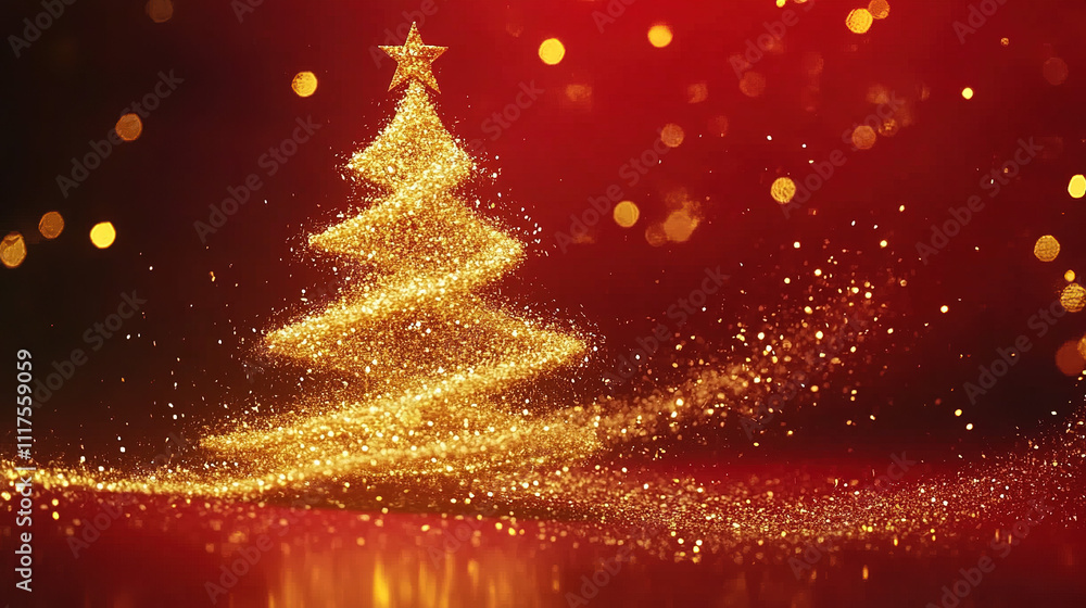 A Christmas tree made of golden light particles, glittering and glowing against a red background, with blurred lights and a festive, warm New Year's atmosphere, soft lighting effects. A Christmas tree made of golden light particles, glittering and glowing against a red background, with blurred lights and a festive, warm New Year's atmosphere, soft lighting effects.