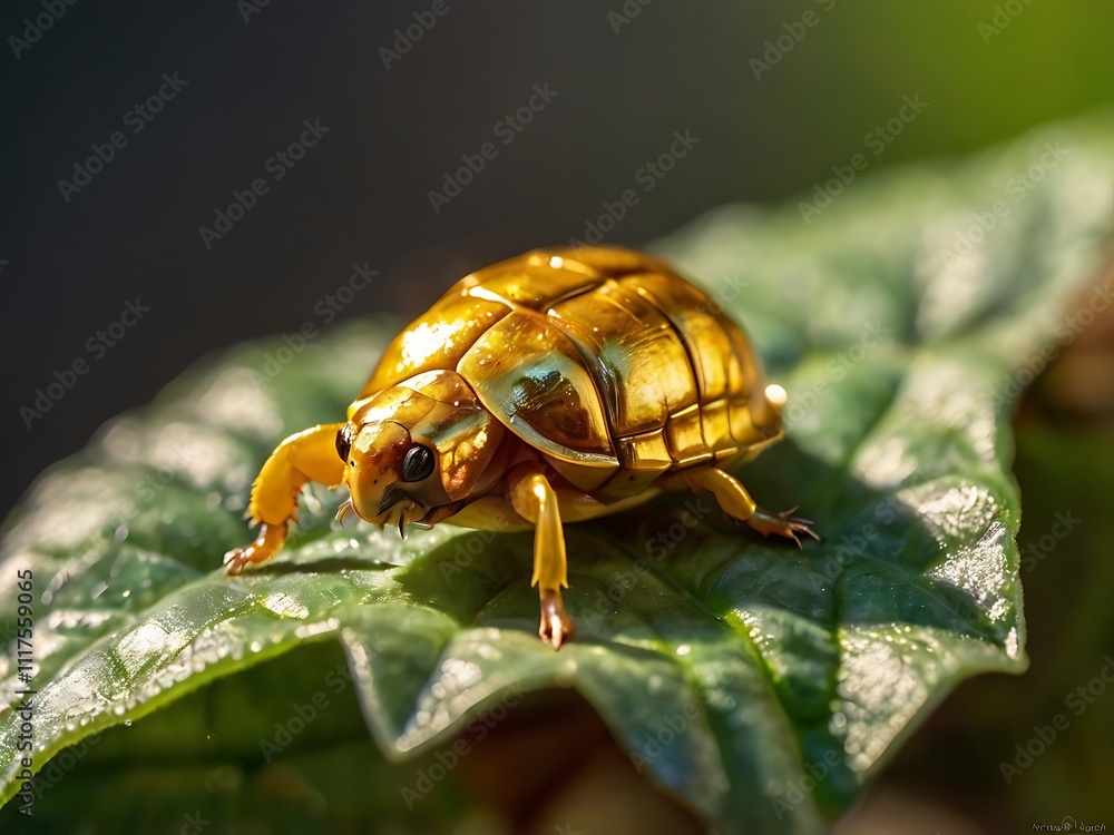 Golden Beetle on Green Leaf Basking in Sunlight Golden Beetle on Green Leaf Basking in Sunlight