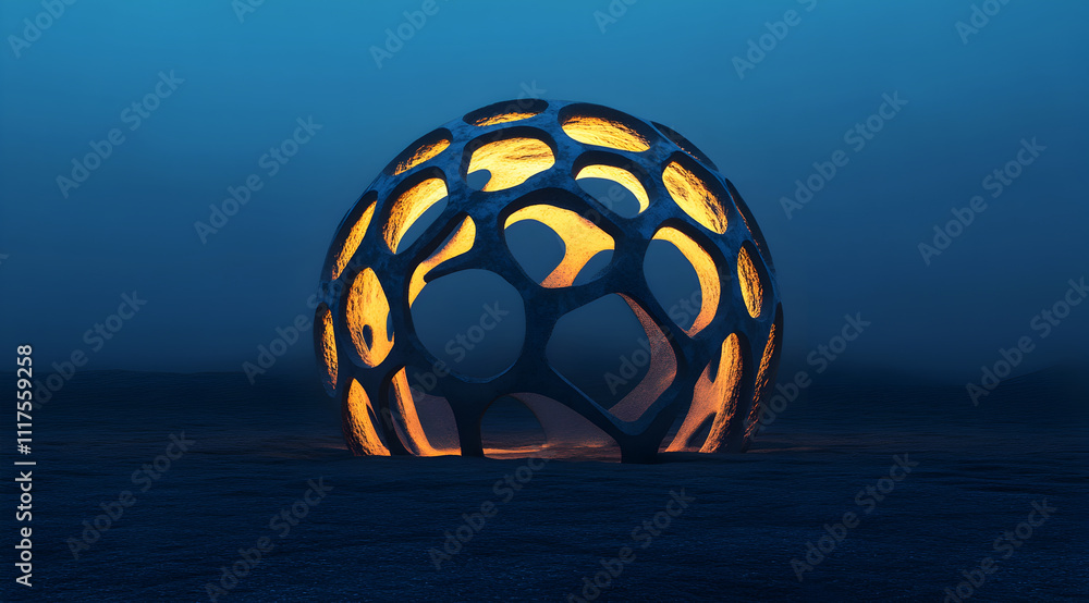Fototapeta premium A glowing spherical structure with intricate patterns stands out against a dark background, creating an ethereal and artistic atmosphere.