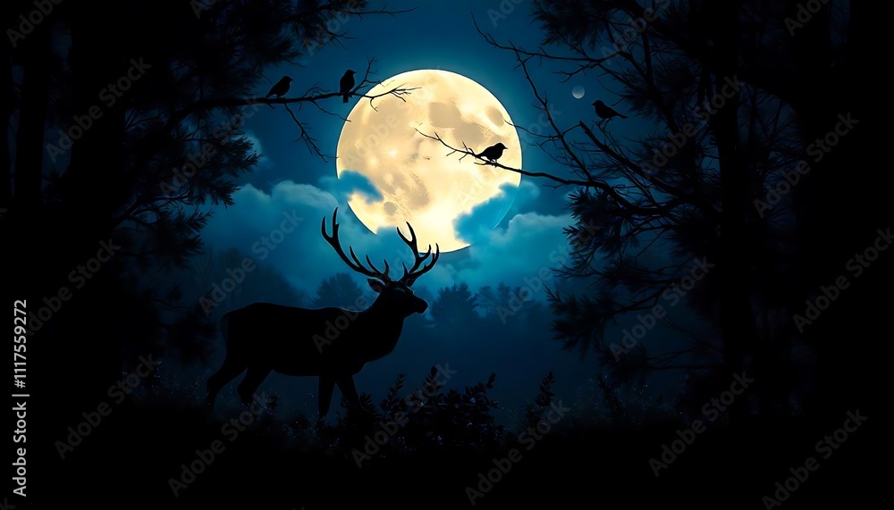 Silhouette of a deer in the meadow with full moon Silhouette of a deer in the meadow with full moon