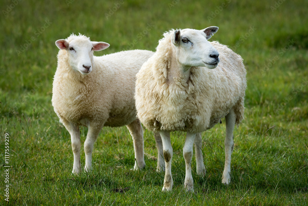 mother sheep and her lambs in lush green grassy field mother sheep and her lambs in lush green grassy field