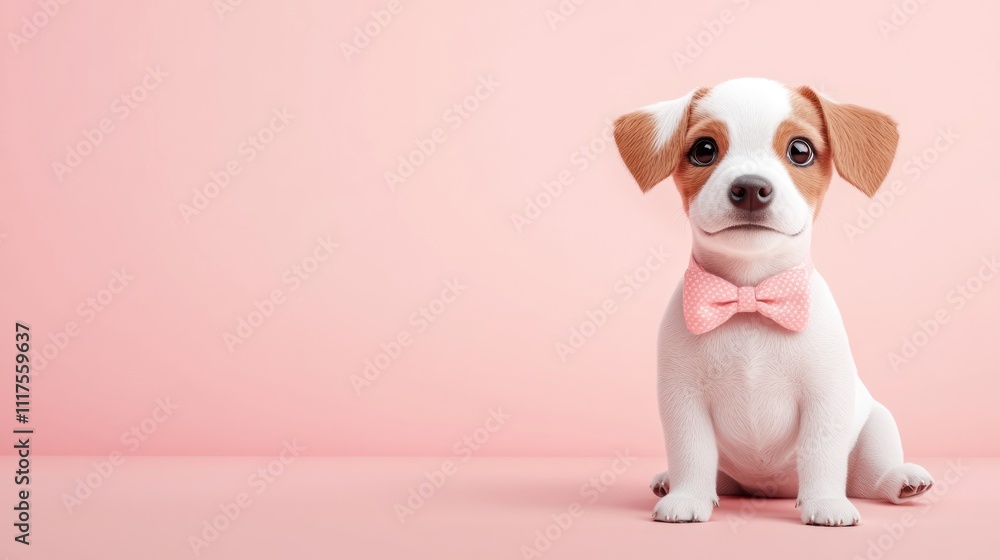 Adorable Puppy Wearing Pink Bow Tie Posing Against Pink Background Adorable Puppy Wearing Pink Bow Tie Posing Against Pink Background