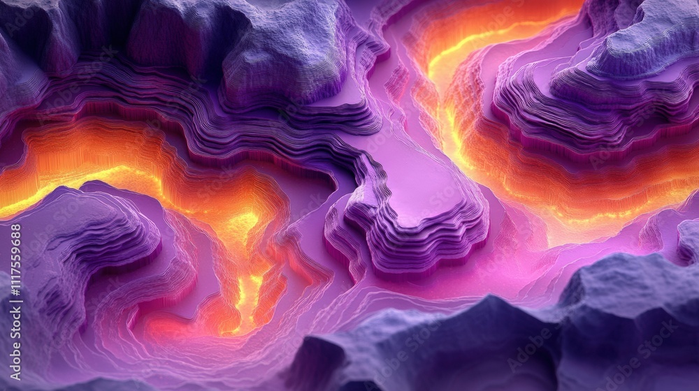Fototapeta premium Abstract Topographic Landscape with Flowing Lava and Vibrant Purple and Orange Lighting Creating a Futuristic and Surreal Environment