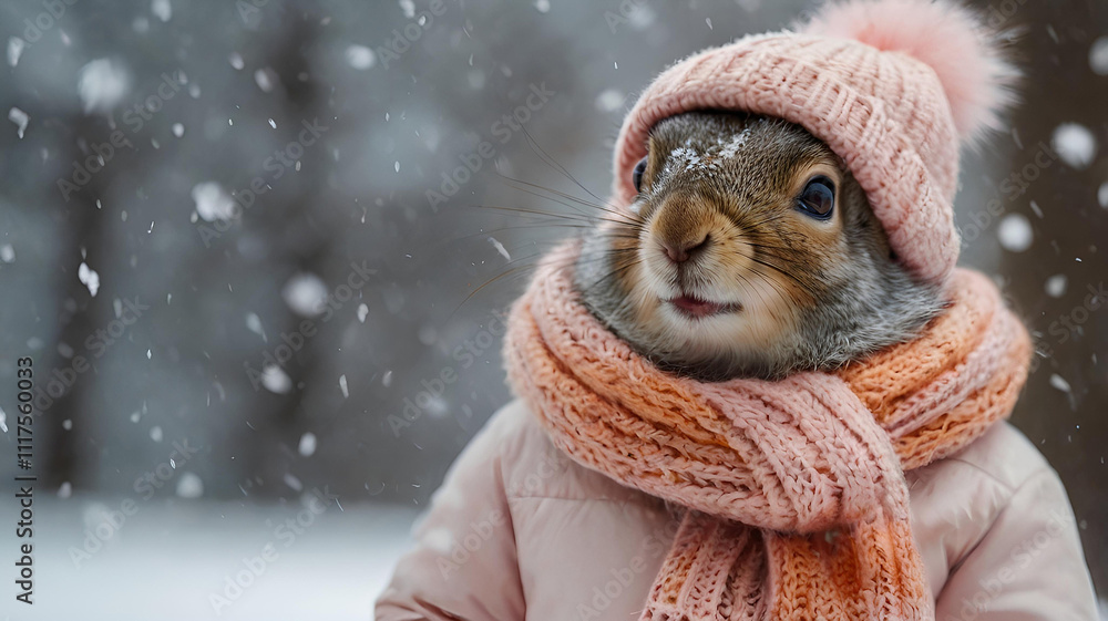 A funny squirrel with big cheeks, dressed in cozy soft pink warm clothes, a hat and a scarf in a winter theme. Seasonal wallpaper. A funny squirrel with big cheeks, dressed in cozy soft pink warm clothes, a hat and a scarf in a winter theme. Seasonal wallpaper.