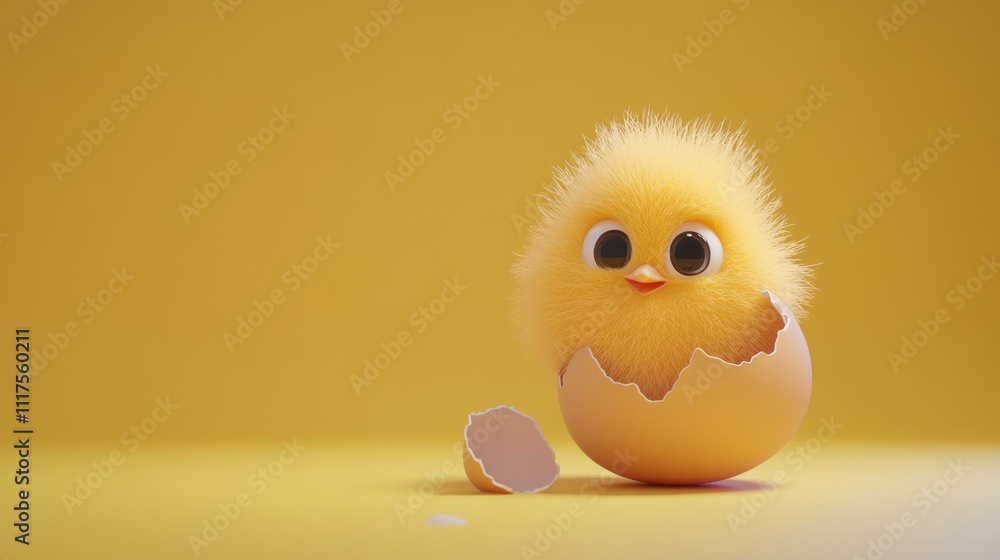 Fluffy Yellow Chickling Hatched From Eggshell Fluffy Yellow Chickling Hatched From Eggshell