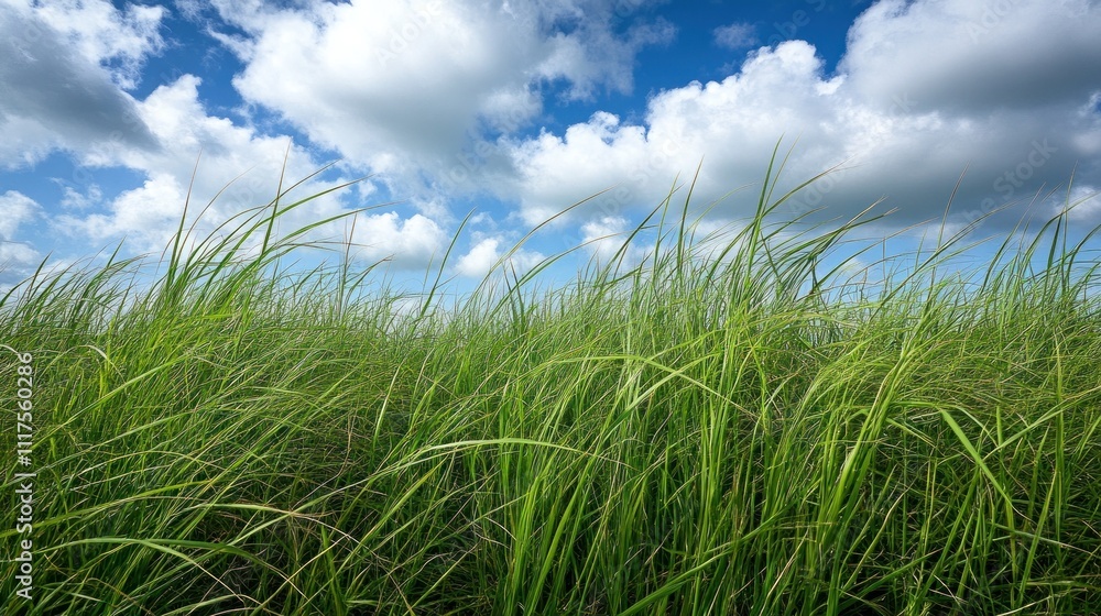 Lush green grass sways gently under a bright blue sky Lush green grass sways gently under a bright blue sky