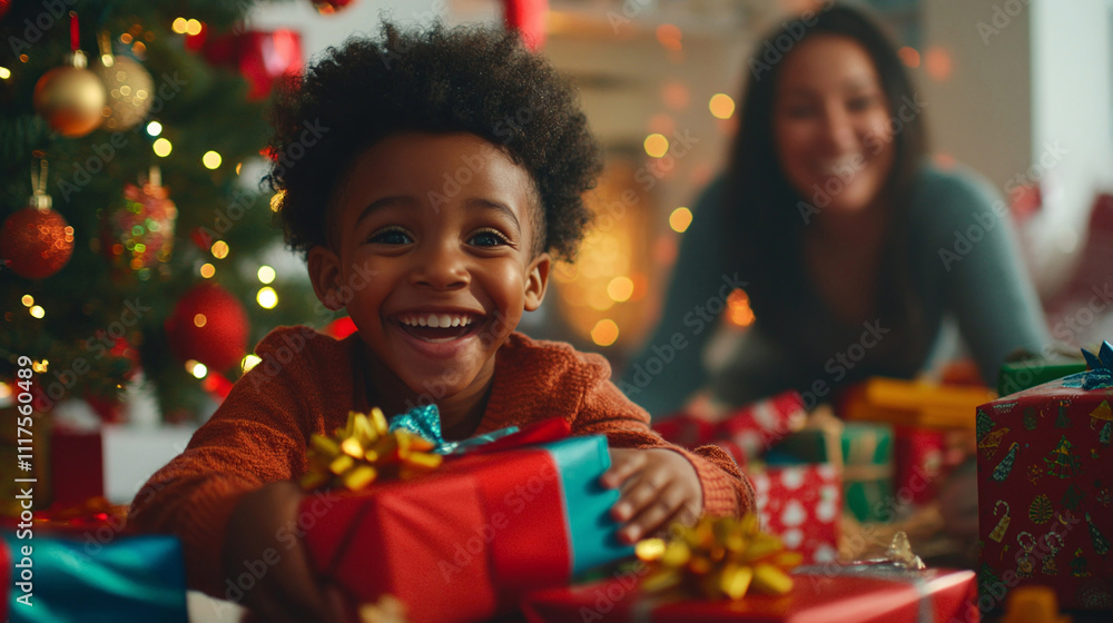 An african american boy celebrating christmas with gift boxes. An african american boy celebrating christmas with gift boxes.