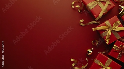 A festive red gift box with a ribbon on a matching red background, perfect for celebrating the holidays, New Year, and Christmas.