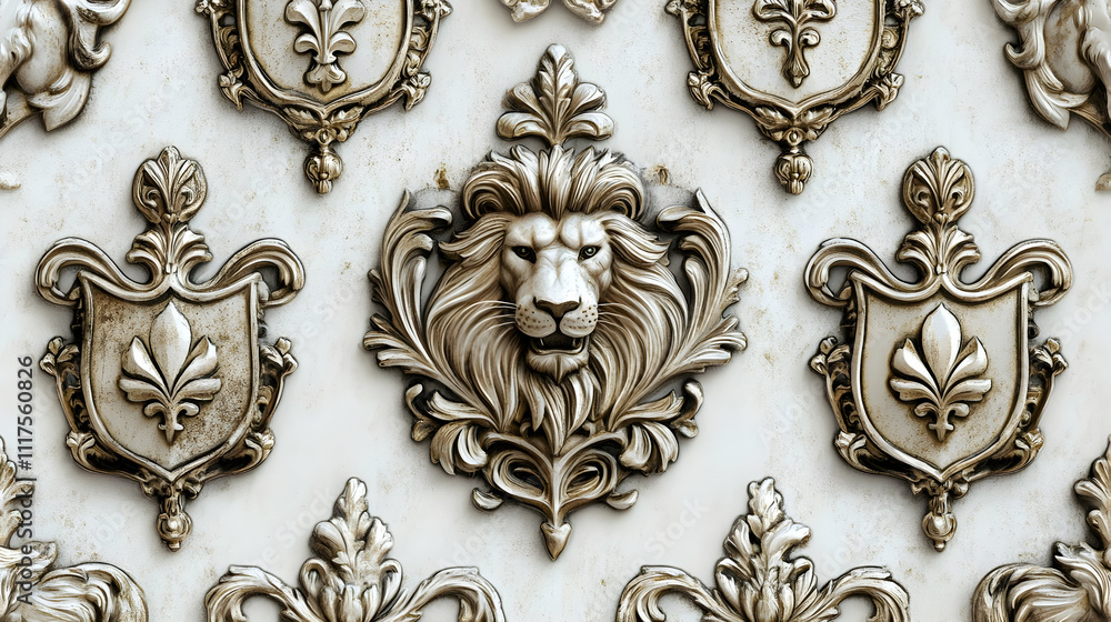 Ornate wall decor featuring lion motifs and shields in a decorative pattern. Ornate wall decor featuring lion motifs and shields in a decorative pattern.